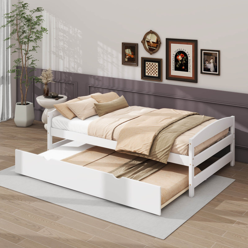 Un lit plateforme simple accompagné d'un lit gigogne sous le lit simple, Blanc