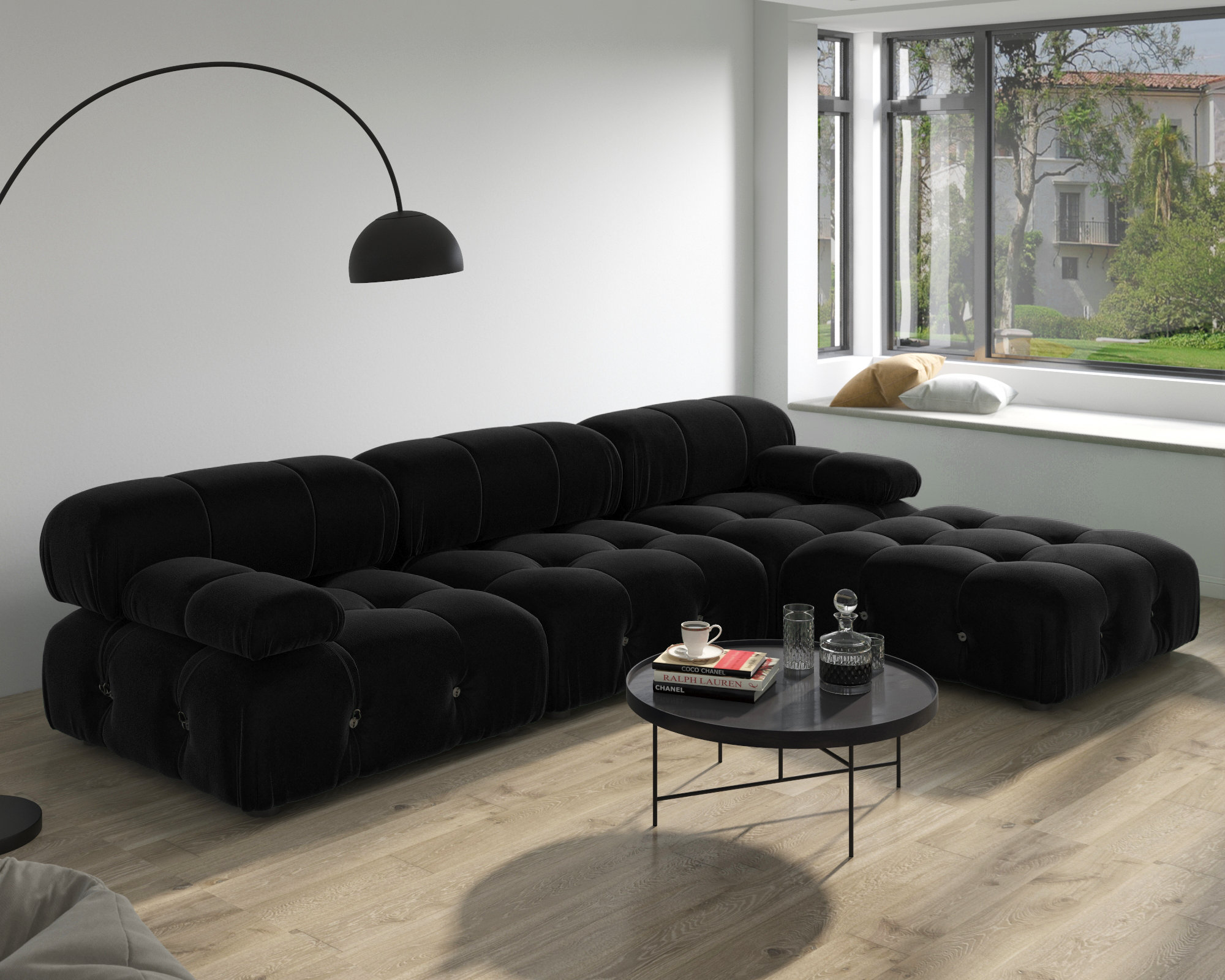 104" Wide Velvet Reversible Modular Sofa & Chaise with Ottoman