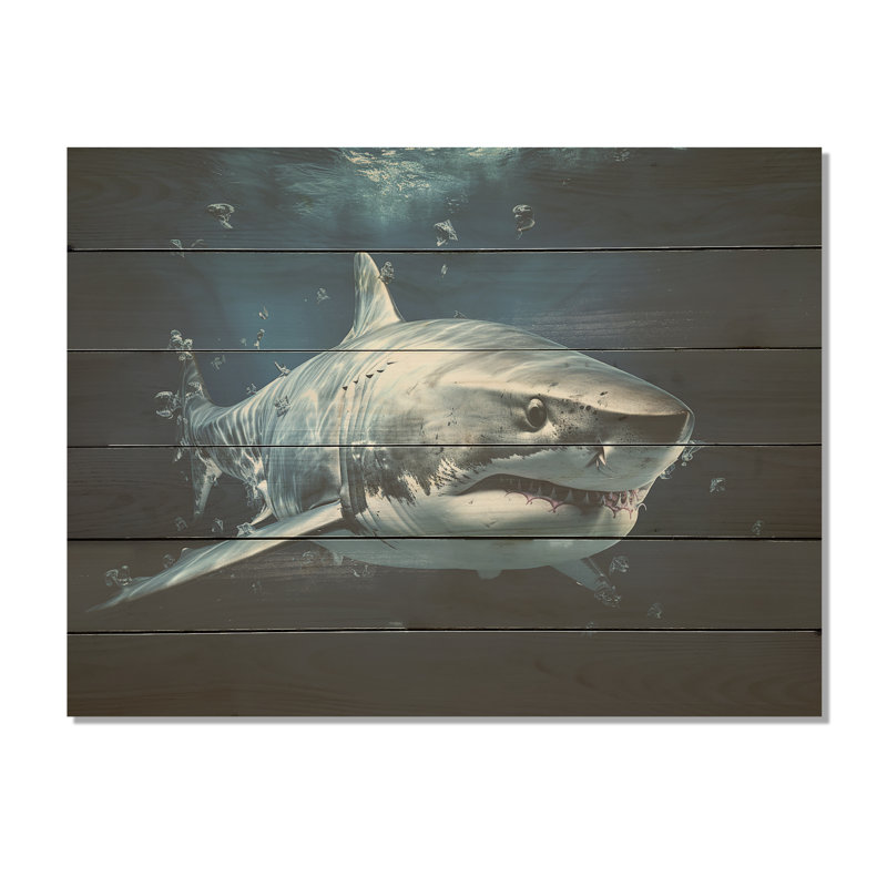Oceans Blue Ghost Shark Photography I - Shark Wood Art On Natural Pine Wood, 10" H x 20" W