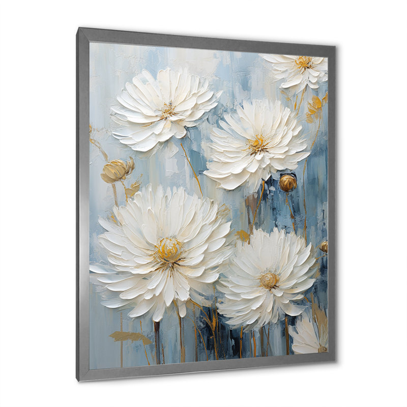 «White and Blue Chrysanthemums III» sur impression sur toile, H 44 po x l 34 po x P 1,5 po, Cadre simple argenté