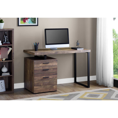 Bureau pour ordinateur portable, 122 cm de long, fini stratifié brun, pieds en métal noir, avec tiroirs de rangement, bureau d'ordinateur au look moderne pour étudier et travailler, plateau réversible.