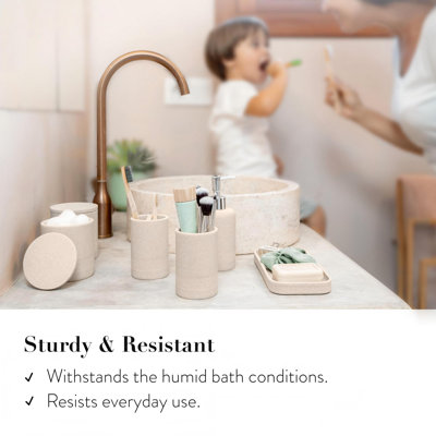 Beige Bathroom Accessories Set 6 Pieces - Toothbrush Holder, Lotion Dispenser, Qtip Container, Vanity Tray, Tumbler - Countertop Organizer for Bathrooms - Elegant and Functional Décor Set