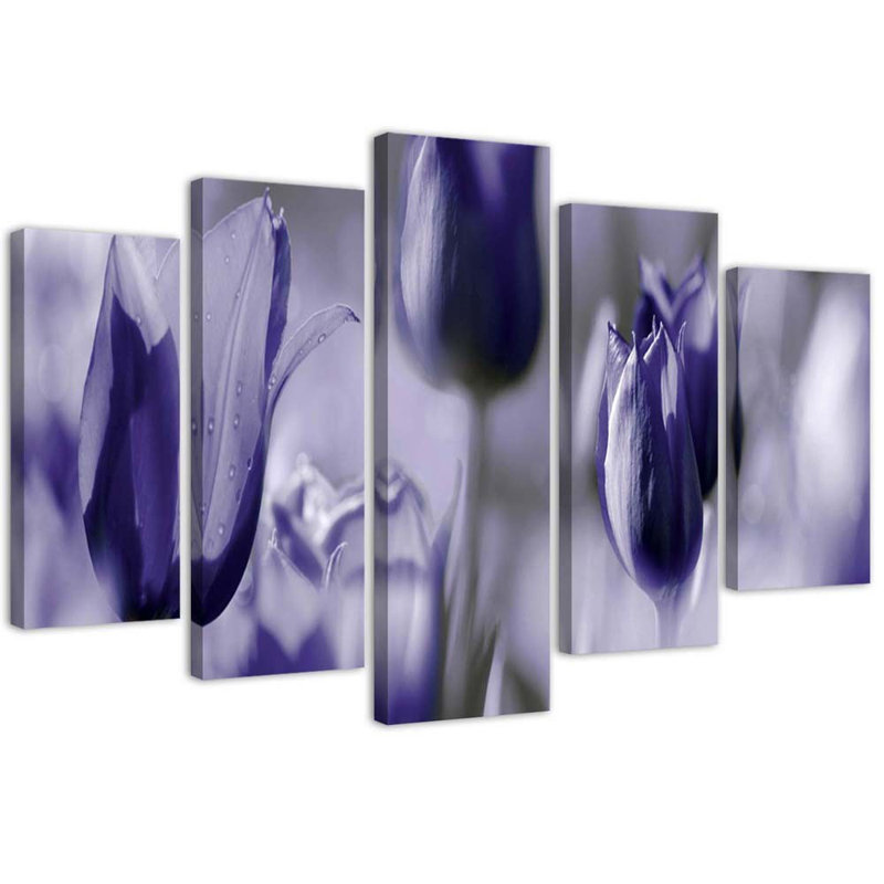 Purple Tulip Flowers - 5 Piece No Frame Print on Canvas, 100cm H x 150cm W