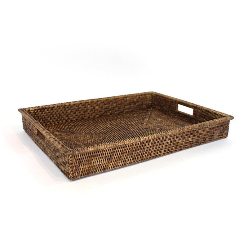 Rattan/Wicker Decorative Tray, 3" H x 26" W x 19" D, Antique Brown