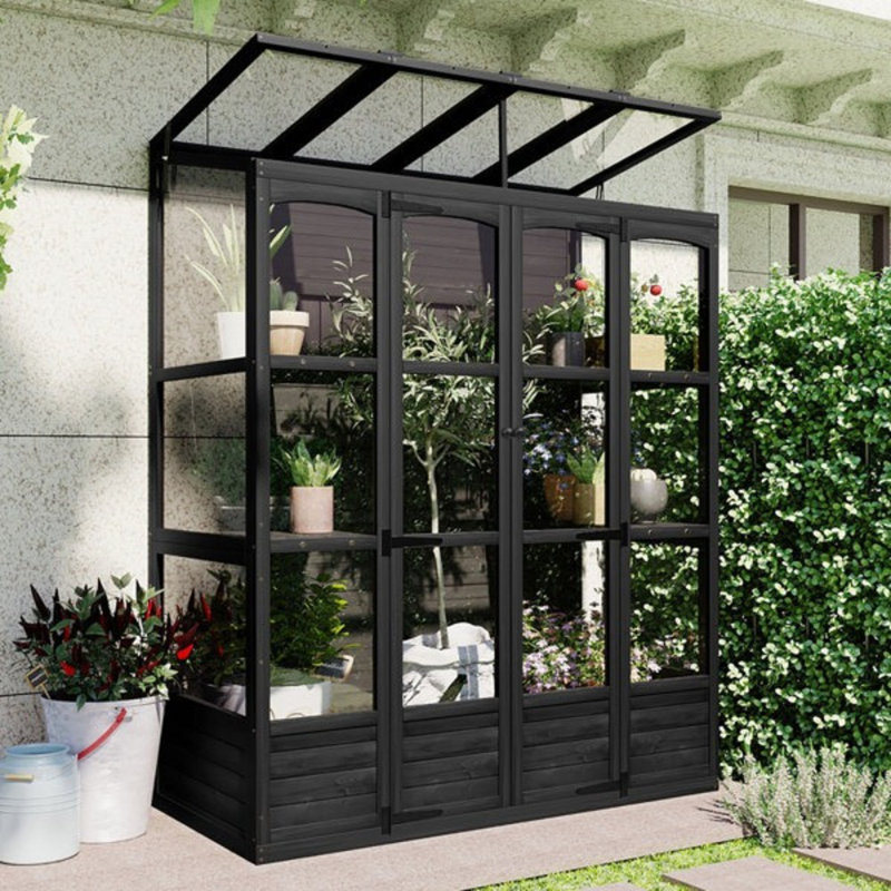 Wooden Greenhouse Cold Frame with 4 Independent Skylights and 2 Folding Middle Shelves, Walk-in Outdoor Greenhouse, Black