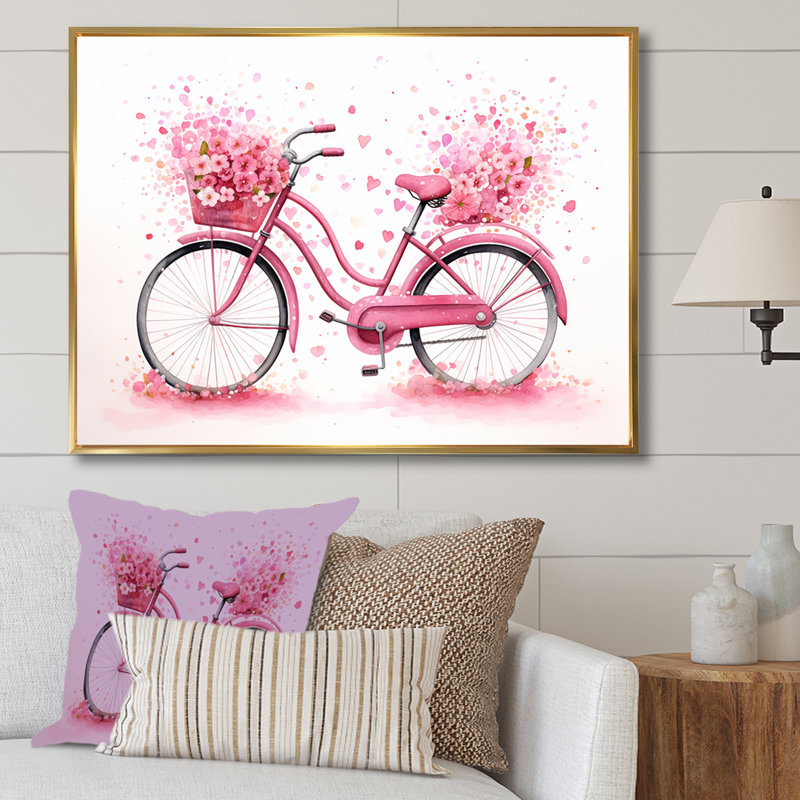 Bonbon, croisière rose, bicyclette sur toile, H 34 po x l 44 po x P 1,5 po, Cadre flottant doré