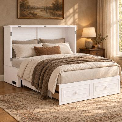 Lit escamotable Queen en bois massif avec station de chargement USB et tiroir de confidentialité pour chambre d'amis