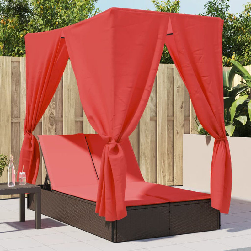  Double Patio Sun Lounger With Roof And Curtains Brown Poly Rattan, Red Cushion/Brown Frame