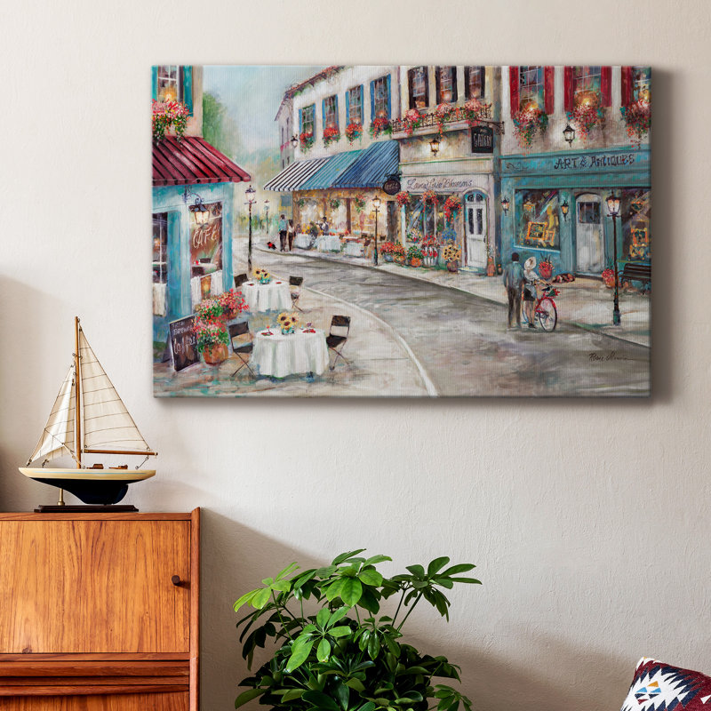 Café pittoresque - peinture sur toile tendue, H 32 po x l 48 po x P 1 po