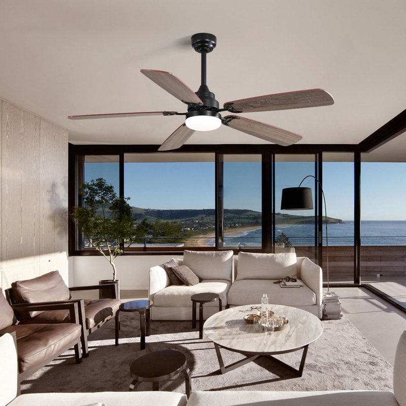 Ventilateur de plafond 52 pouces avec 6 lumières à DEL et 5 pales pour moteur d'intérieur, Noir mat, Brun