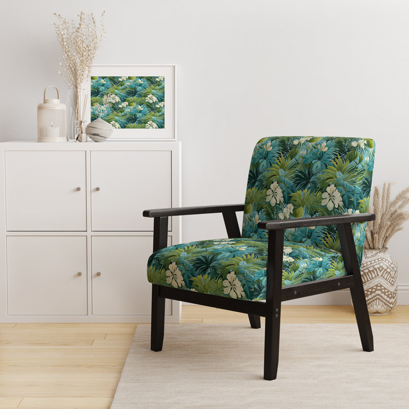 Fauteuil azur et vert à motif tropical - fauteuil rembourré côtier, fauteuil d'appoint à feuilles tropicales