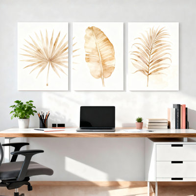 Ensemble de 3 tableaux sur toile représentant des feuilles de palmier et de bananier dorées, pour la décoration du salon et de la chambre.