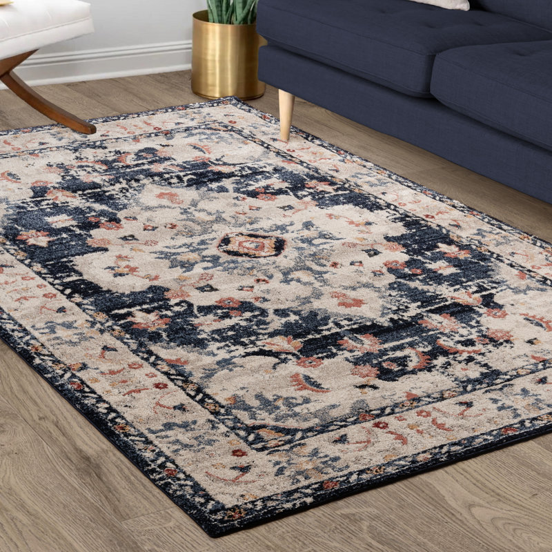 Imani Brielle Traditional Oriental Plush Navy Blue/Beige/Rose Polypropylene/Polyester Shag Area Rug, Rectangle 6'6" x 9'6"