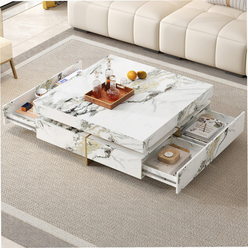Table basse moderne carrée texturée en marbre avec 4 tiroirs et base suspendue, blanc, 43,3 po