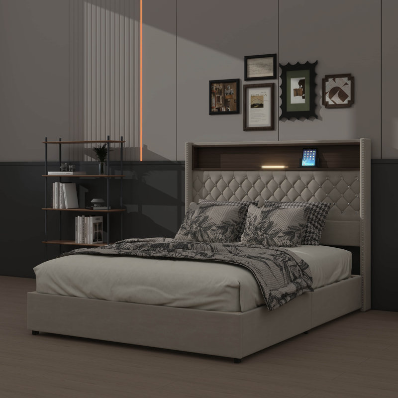 Structure de lit pour grand lit tapissier en velours, USB intégré et veilleuse, lit plateforme à oreilles avec rangement pour tête de lit