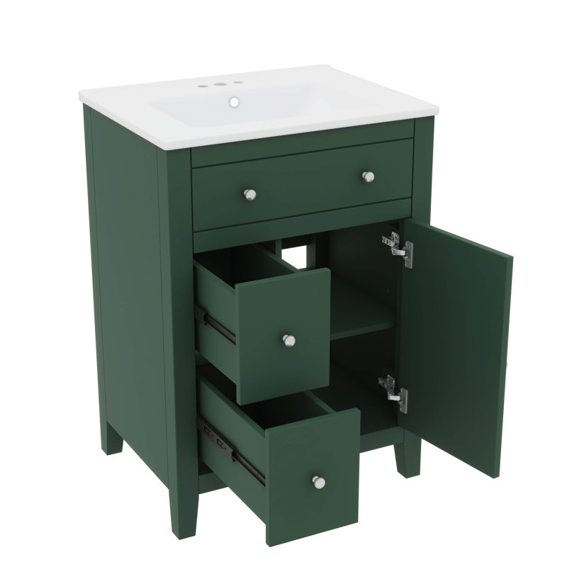 Armoire de salle de bain contemporaine 24 pouces avec lavabo en céramique 2 tiroirs et porte à fermeture en douceur, Vert