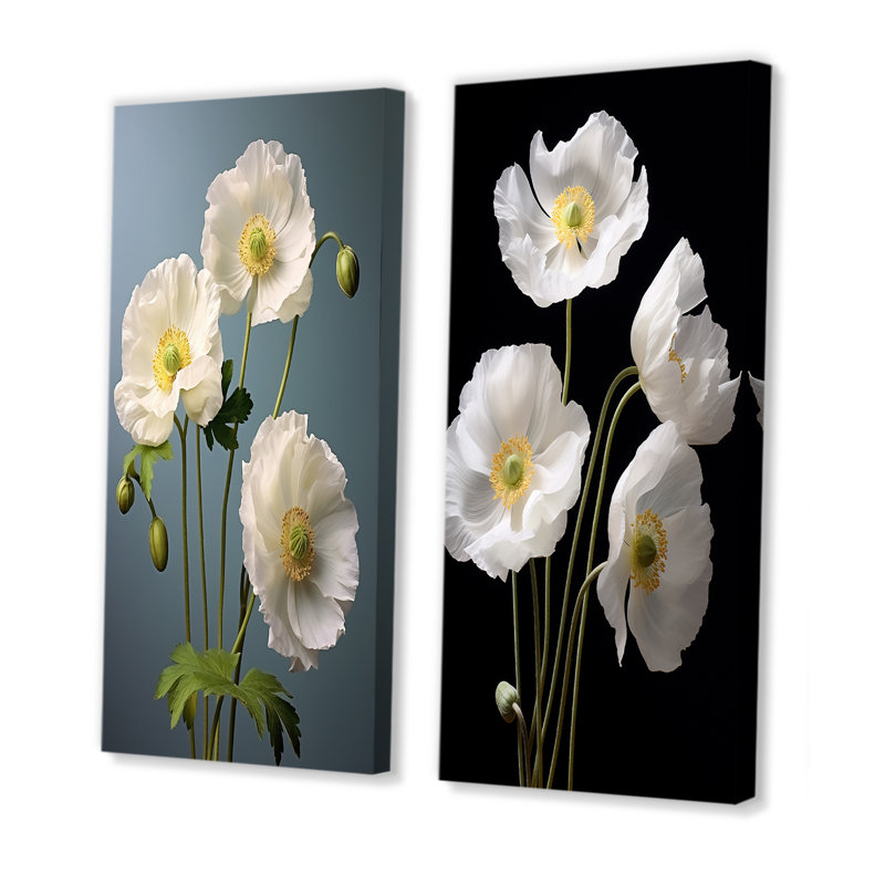 Elegant White Whispers Poppies - Ensemble de 2 décorations murales coquelicots, H 28 po x l 25 po, Toile tendue