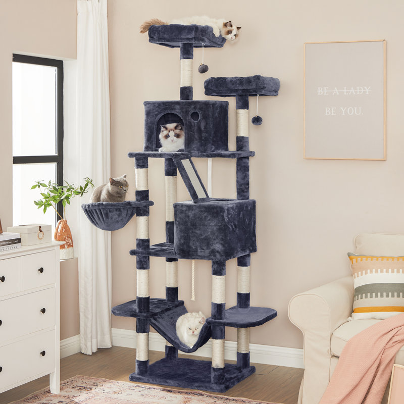 Arbre à chat 81,1 po avec 13 poteaux à griffer, condo pour chat à plusieurs niveaux, Gris foncé