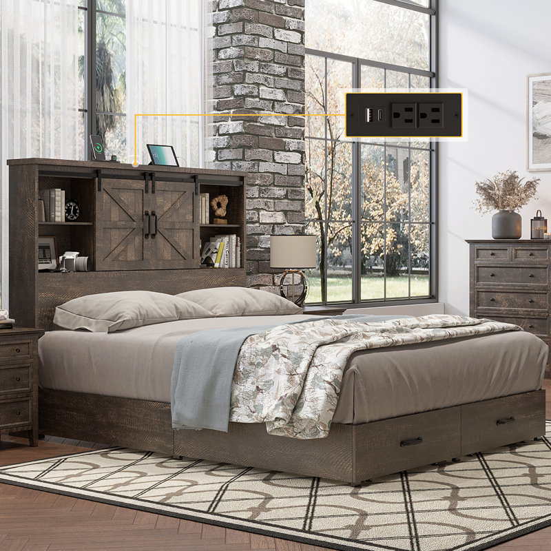 Tryston Sherell Wooden Bookcase Full Bed Frame, Brown, Brown, Full