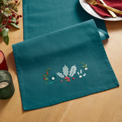 Christmas Holly and Mistletoe Embroidered Cotton Dining Table Runner