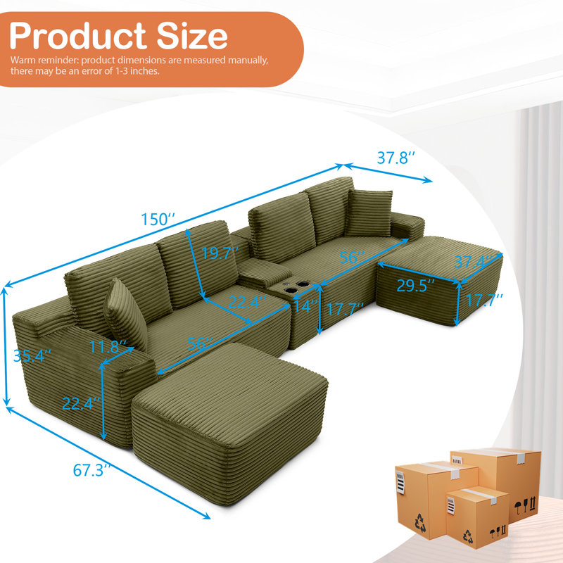 150" Oversized Cloud Boneless Sofa Couch with Cup Holder & Storage, Modern Corduroy U Shaped Modular Sectional Sofa with Deep Seat, USB Ports, No Assembly Required, Comfy Compression Couches for Living Room
