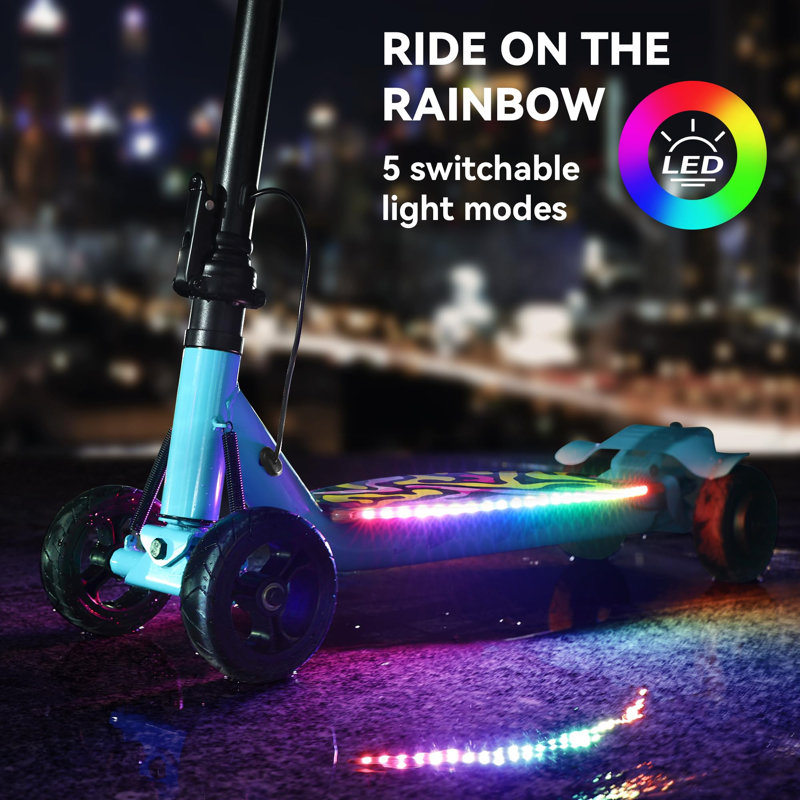 Trottinette électrique pour enfants DEARAUTO, moteur de 250 W, 4 roues, 5 vitesses, vitesse maximale de 16 km/h et autonomie de 13,7 km, lumières DEL colorées, trottinette électrique pliable pour enfants de 8 ans et plus, prête à offrir.