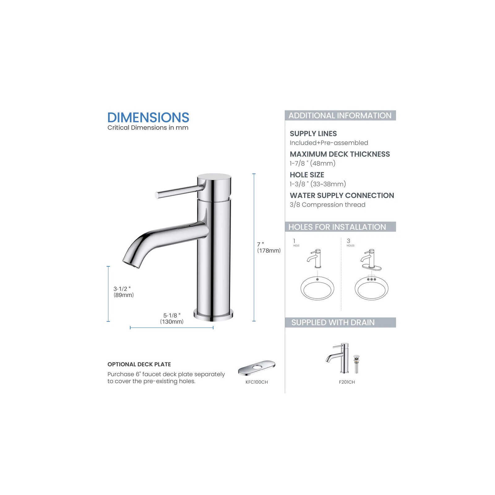 Single Handle Bathroom Sink Faucet with Pop Up Drain, Chrome