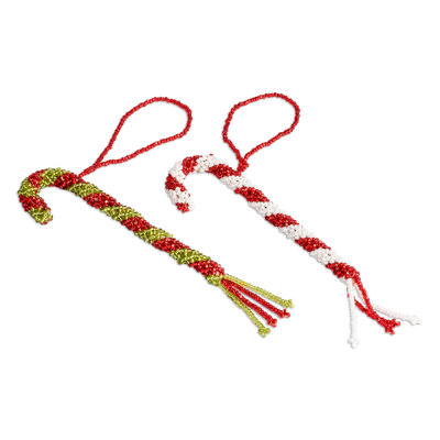 Alcott Hill® Handmade Candy Cane Duo Glass Beaded Ornaments (Pair)