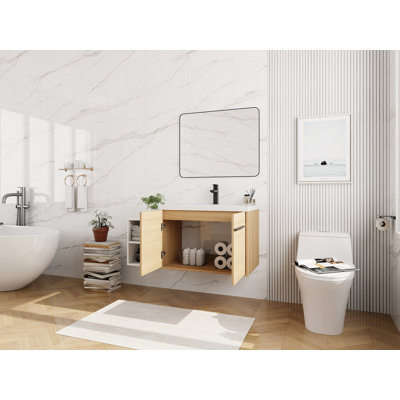 42 Inch Wall Mounted Bathroom Vanity with Resin Countertop Sink, and 1-Storage Shelves Combination, 2-Soft Closing Doors (KD-Packing)