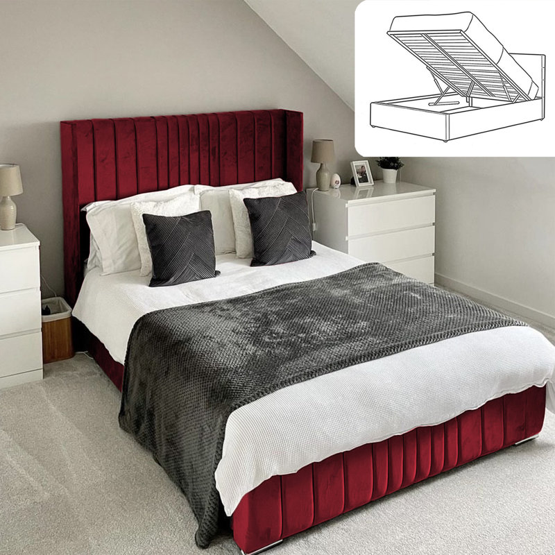 Vista Wingback Ottoman Storage Bed - Plush Velvet Gas Lift Bed Frame with Headboard, Double (4'6), Black