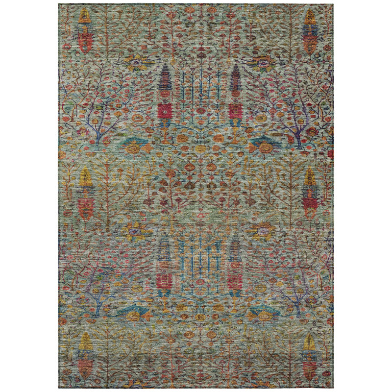 Machine Washable Indoor/Outdoor Xhevrie Green Rug, Rectangle 9' x 12'