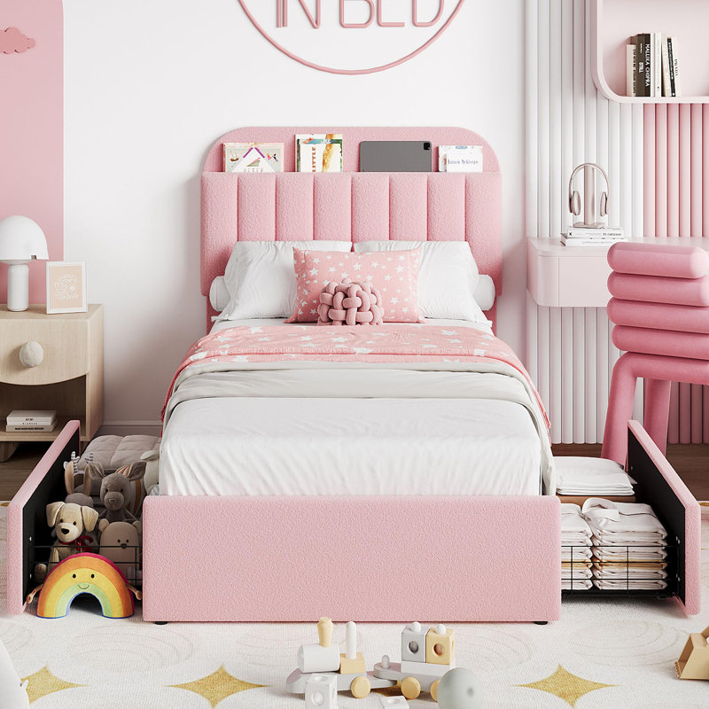 Cadre de lit simple avec 2 tiroirs flexibles, cadre de lit plateforme tapissier avec tête de lit bibliothèque Boucle, cadre de lit pour enfants / filles, assemblage facile, aucun sommier requis, silencieux, rose