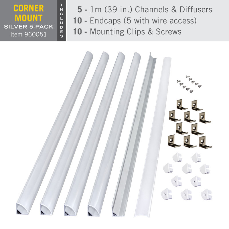 LED Tape Light Mounting Channel, Corner Mount, Silver 5-Pack