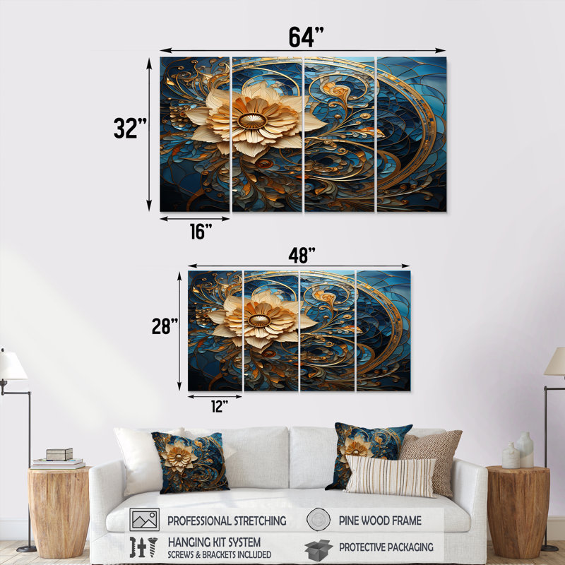 «Blooming Gold Flower», ensemble de 4 décorations murales abstraites sur fond bleu - art floral moderne, H 32 po x l 64 po