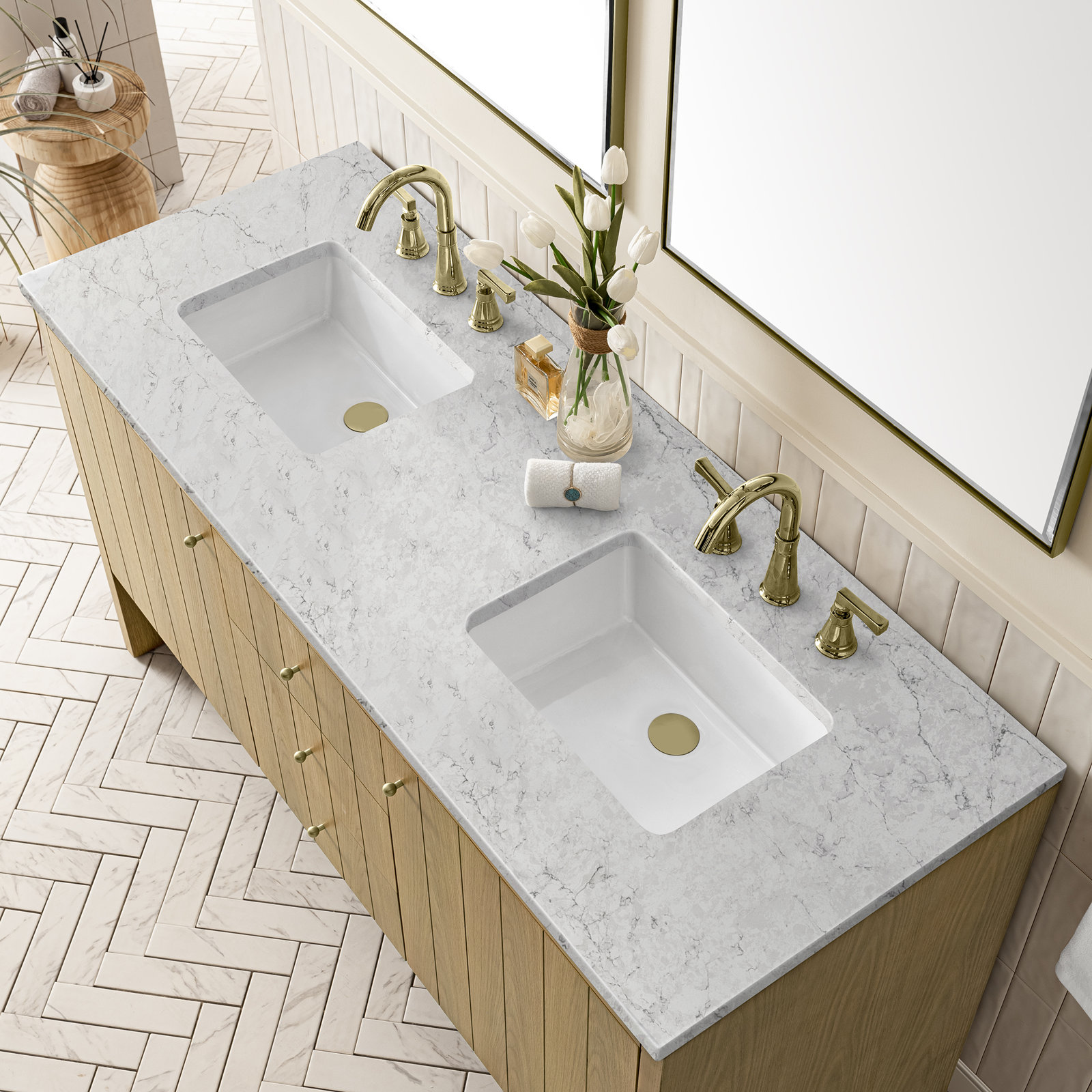 Hudson 60" Double Vanity, FreePower Wireless Charger, Eternal Jasmine Pearl, Light Natural Oak