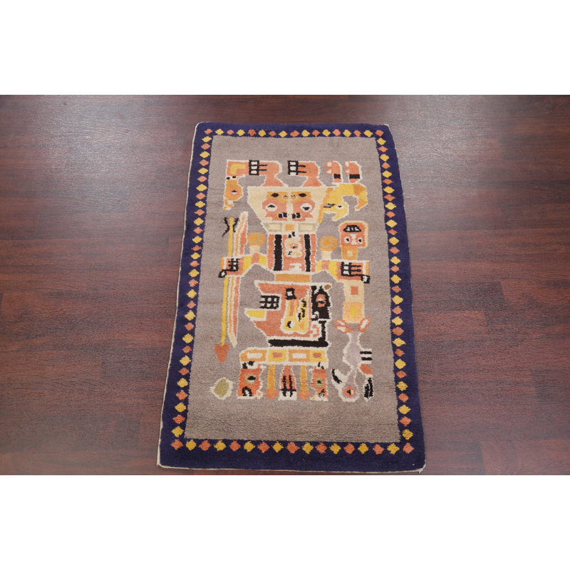 Tapis jaune / gris en laine noué à la main de style oriental chinois Art Deco Rosenblatt