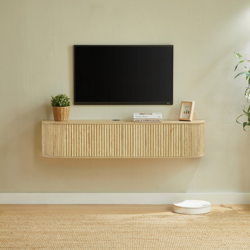 Meuble télé 55 po mural flottant avec portes cannelées, console multimédia de grande capacité avec trous de gestion des câbles pour la chambre à coucher du salon