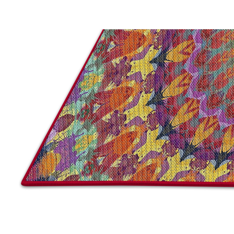 Tapis rose/bleu/jaune tissé à la machine, Rectangle 7 pi x 10 pi