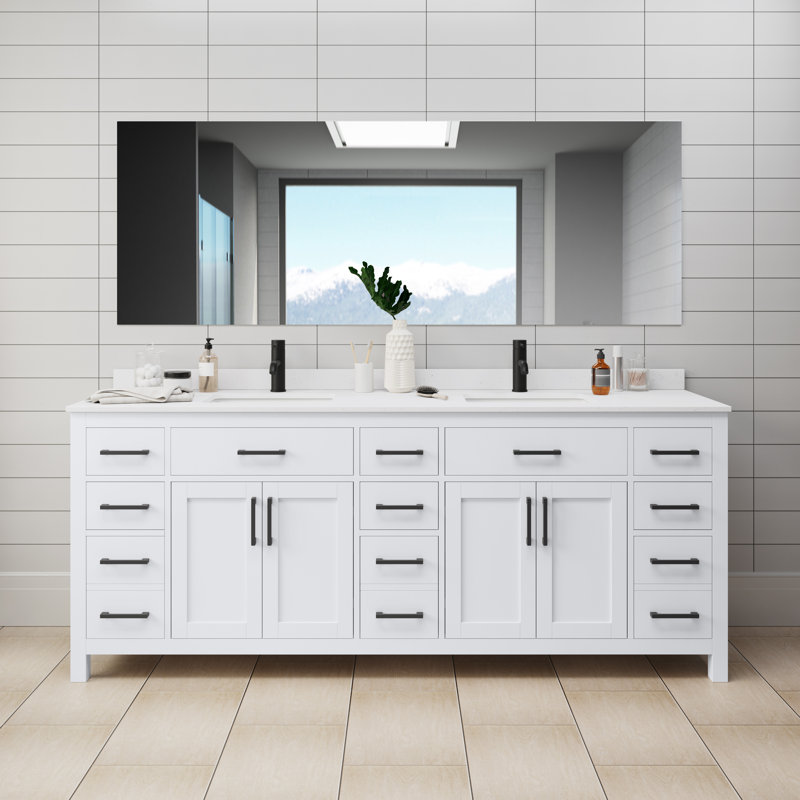 Meuble-lavabo double autoportant 84 po avec plateau en marbre Beckett, Blanc, Noir mat, Marbre de culture blanc