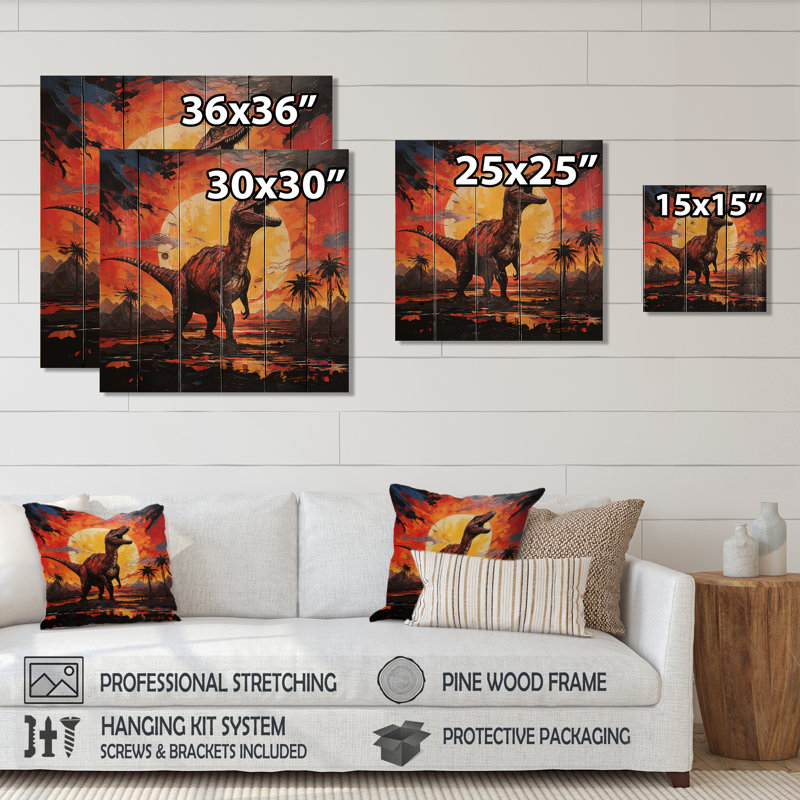Coucher de soleil de dinosaure rouge et jaune III - dinosaure sur bois, H 15 po x l 15 po