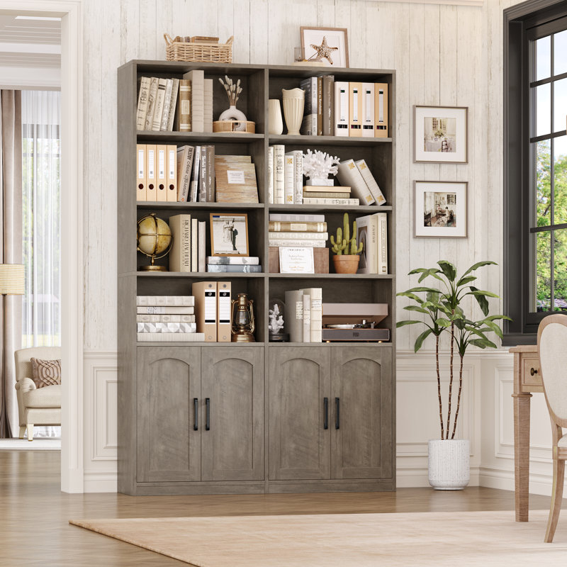 Kirklyn 73" H Standard Storage Bookcase with Doors and 8 Open Shelves, Modern Wood Organizer, Wash Gray