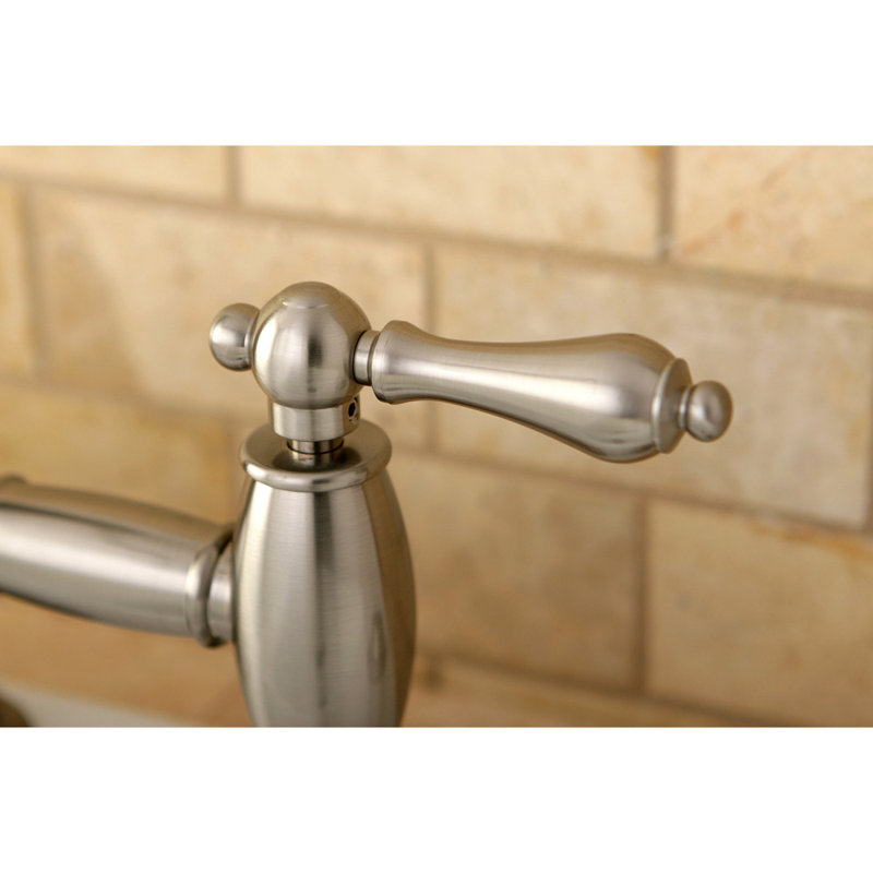 Kingston Brass Restoration Two-Handle 4-Hole Deck Mount Bridge Kitchen Faucet with Brass Side Sprayer, Brushed Nickel