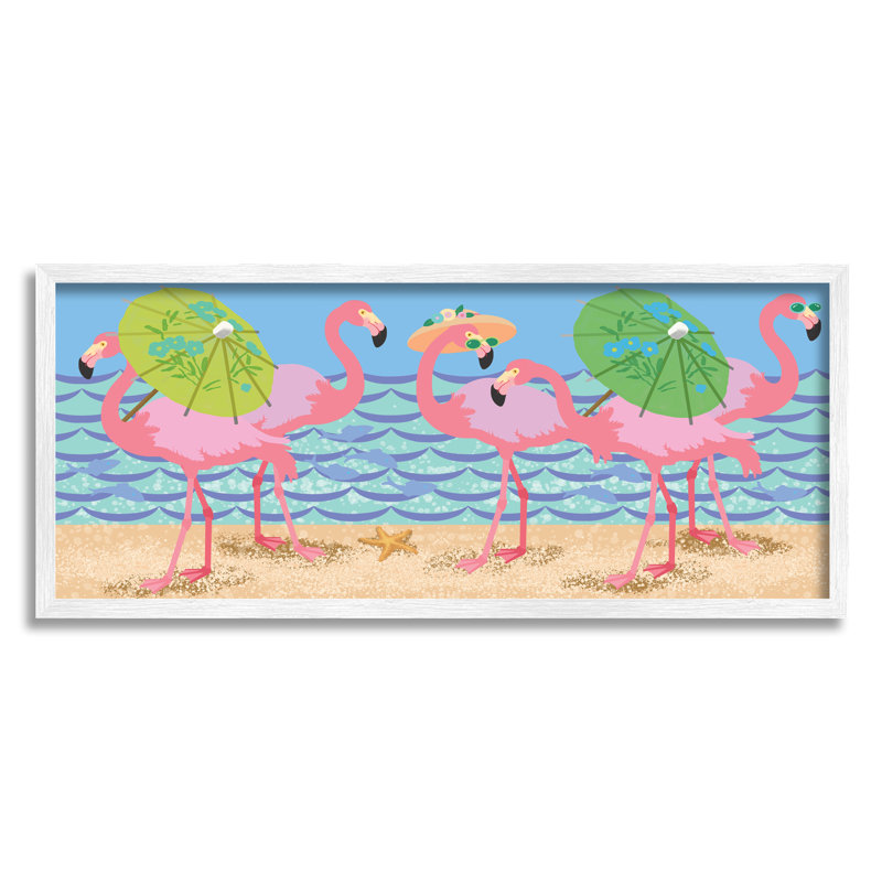 Flamants roses avec parasols floraux - impression, H 10 po x l 24 po x P 1,5 po, Bois avec cadre noir
