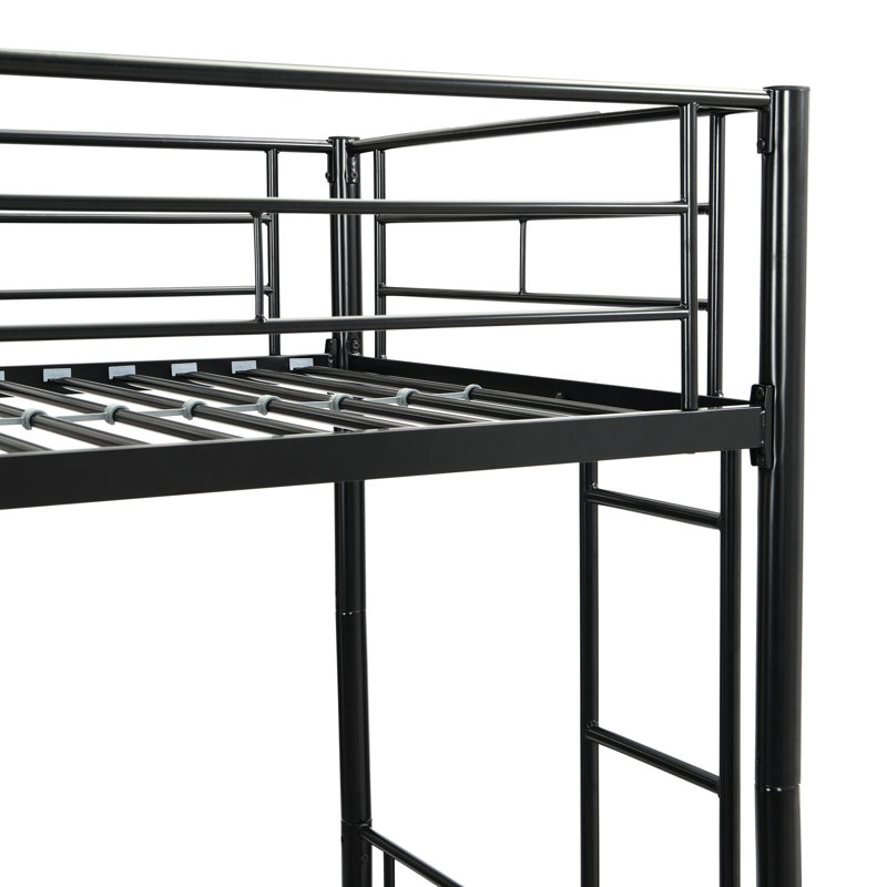 Lit superposé simple au-dessus d'un lit simple en métal noir, style moderne pour le décor de la chambre à coucher, option peu encombrante et activité d'escalier silencieuse et sécuritaire, esthétique sans sommier, caractéristique,