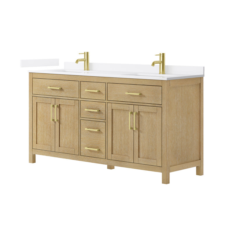 Beckett 66" Freestanding Double Bathroom Vanity with Quartz Top, Whitewashed Oak, Brushed Gold, White Quartz