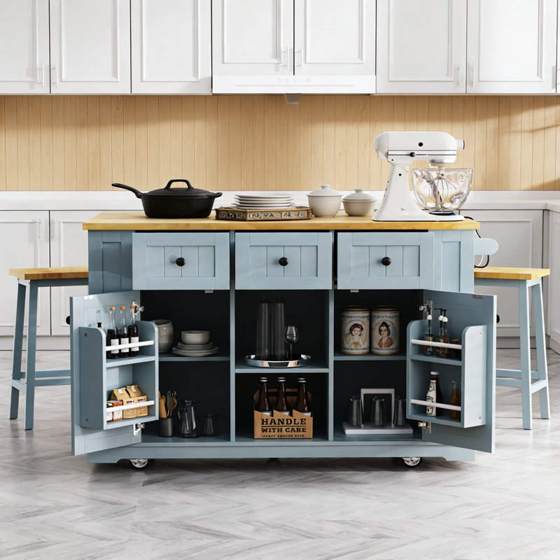 Îlot de cuisine avec 2 tabourets de bar et prise de courant, Bleu gris