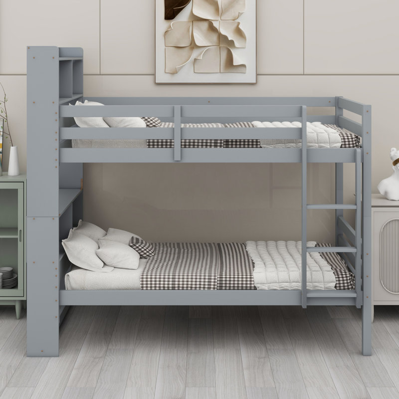 Wood Bed With Shelves Headboard, Safety Guardrails And Ladder, Convertible To 2 Beds, Gray