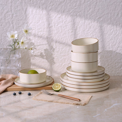 Nebula Plates And Bowls Sets, 24 Piece Dinnerware Sets,Vanilla White with Brown Rim