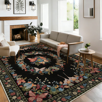 Washable Area Rug Black Butterfly Soft Accent Carpet Vintage Inspired Distressed Low Pile for Living Room Dining Room Bedroom Den