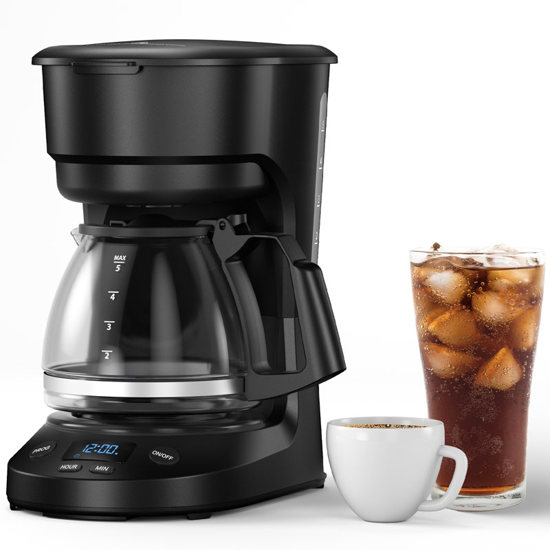 Cafetière compacte programmable de 5 tasses Cowsar - la machine à café indispensable avec horloge numérique, minuterie 24 heures, arrêt automatique et panier-filtre amovible pour la maison et le bureau.